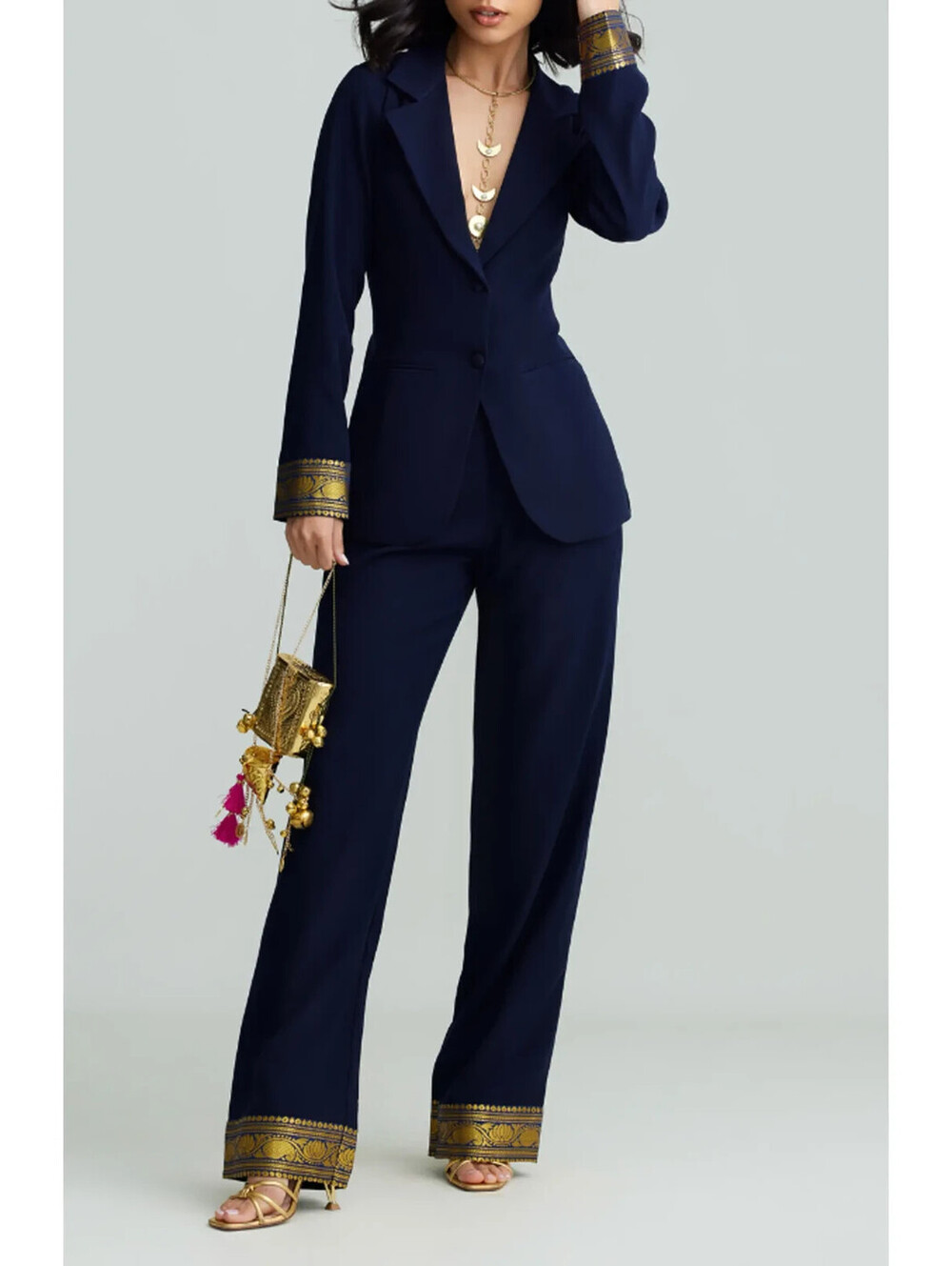 NEW, HoliCHIC Mila Metallic Contrast Cuff Blazer in Navy Sz S #SJ2665 - Picture 2 of 7